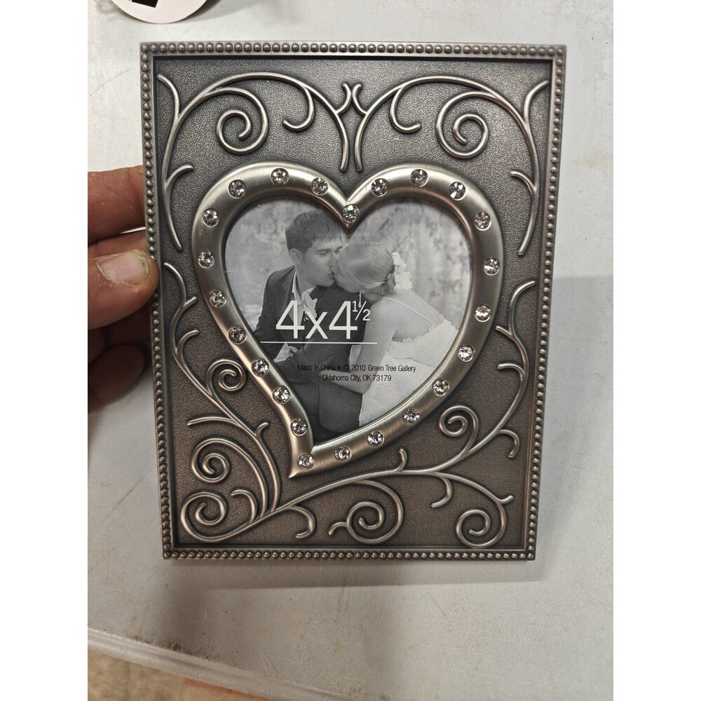 Green Tree Gallery Pewter Picture Frame ScrollWork Heart Shaped Crystal Accents